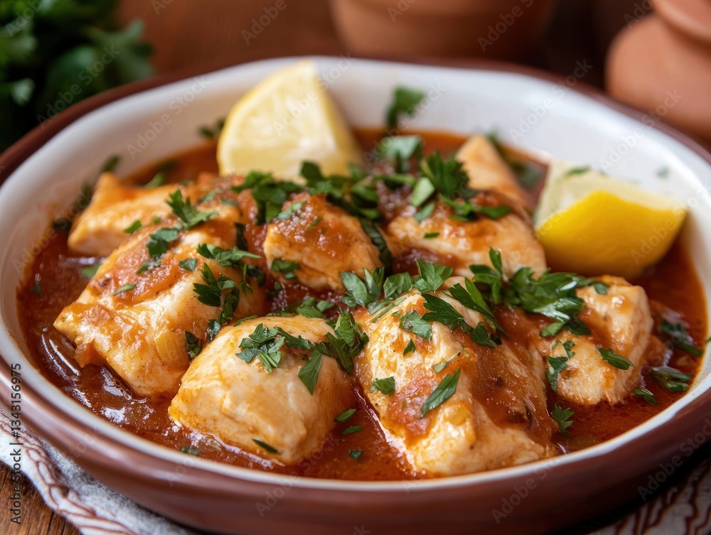 Delicious chicken cubes braised in spicy tomato sauce served in a bowl with lemon garnish Delicious chicken cubes braised in spicy tomato sauce served in a bowl with lemon garnish
