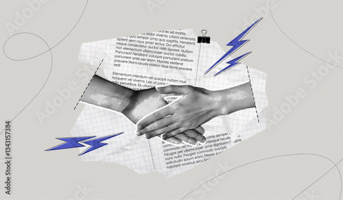 Trendy Halftone Collage Partner Handshake. Business agreement and teamwork. Cooperation concept. Make a deal. Shaking hands. Paper texture background. Contemporary vector illustration art