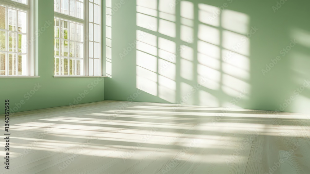 Obraz premium Sunlight Illuminates Empty Room with Pale Green Walls and Beige Floor