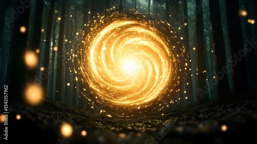 A mystical portal in the middle of an enchanted forest, swirling with bright, cosmic energy.