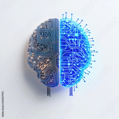 A stylized brain combines circuit board and neurological designs, merging technology and biology