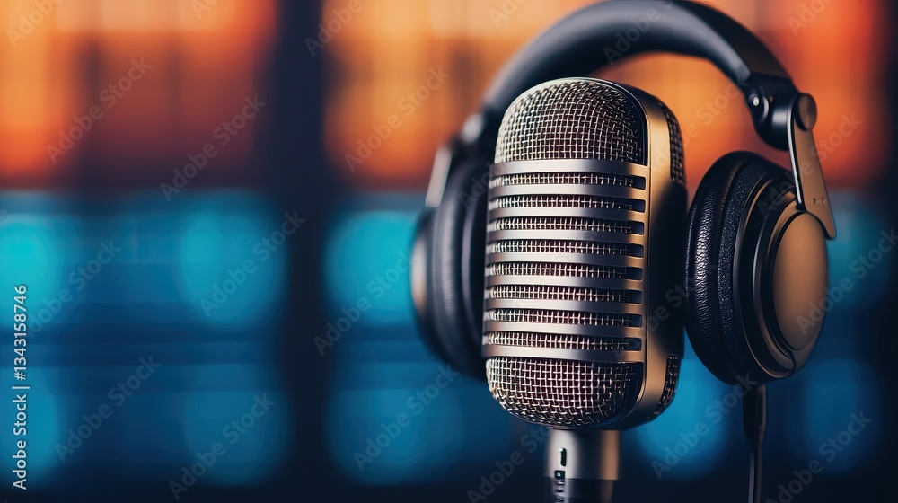 Obraz premium A sleek microphone with headphones in a vibrant setting, perfect for music recording and audio production.