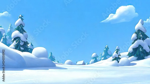 Snowy winter landscape, pine trees, snow-covered hills