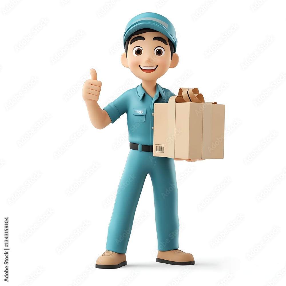 Prompt Delivery: Smiling Delivery Man with a package giving a thumbs-up, a symbol of reliable service Prompt Delivery: Smiling Delivery Man with a package giving a thumbs-up, a symbol of reliable service