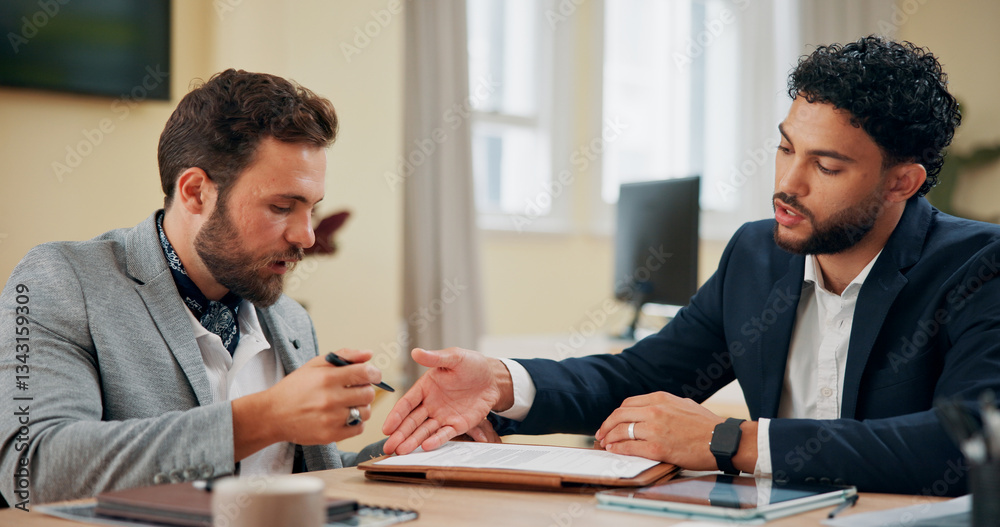 Accounting, contract and signature with business men in office together for consulting or investment. Collaboration, documents or portfolio management with client and financial advisor in workplace Accounting, contract and signature with business men in office together for consulting or investment. Collaboration, documents or portfolio management with client and financial advisor in workplace