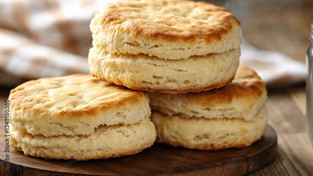 Freshly baked biscuits stacked on a wooden platter in a cozy kitchen setting during morning hours Freshly baked biscuits stacked on a wooden platter in a cozy kitchen setting during morning hours