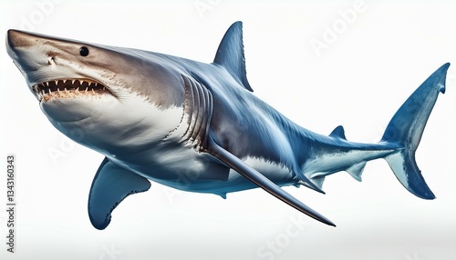 Giant Megalodon shark in Ultra HD with powerful streamlined body, deep ocean coloration, and terrifying sharp teeth, fully isolated on a white background

