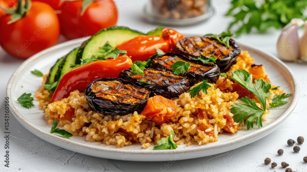 Delicious bulgur with grilled eggplant and fresh vegetables on white plate healthy mediterranean food Delicious bulgur with grilled eggplant and fresh vegetables on white plate healthy mediterranean food