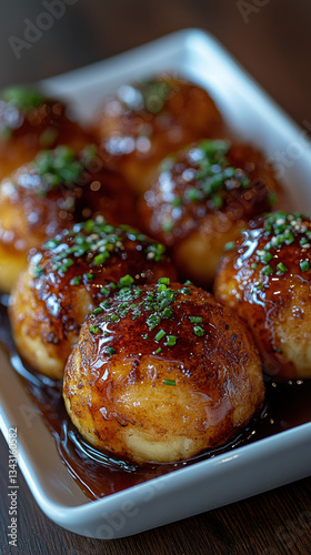 Golden, glazed takoyaki balls garnished with chopped chives are served on a white plate. The rich sauce and vibrant toppings highlight the Japanese street food's savory appeal