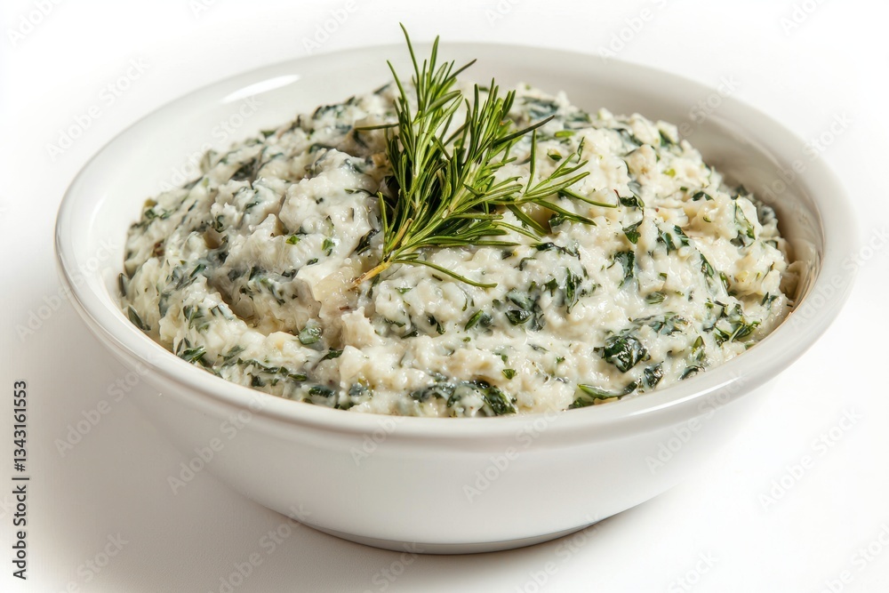 Delicious creamy dip appetizer with herbs and fresh rosemary in a white bowl on a white background Delicious creamy dip appetizer with herbs and fresh rosemary in a white bowl on a white background