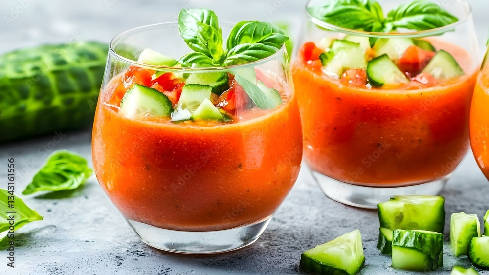 Fresh vegetable soup served in glasses, garnished with cucumber, tomatoes, and basil leaves. Concept Fresh Vegetable Soup, Unique Serving in Glasses, Garnished with Cucumber, Tomatoes, and Basil Fresh vegetable soup served in glasses, garnished with cucumber, tomatoes, and basil leaves. Concept Fresh Vegetable Soup, Unique Serving in Glasses, Garnished with Cucumber, Tomatoes, and Basil
