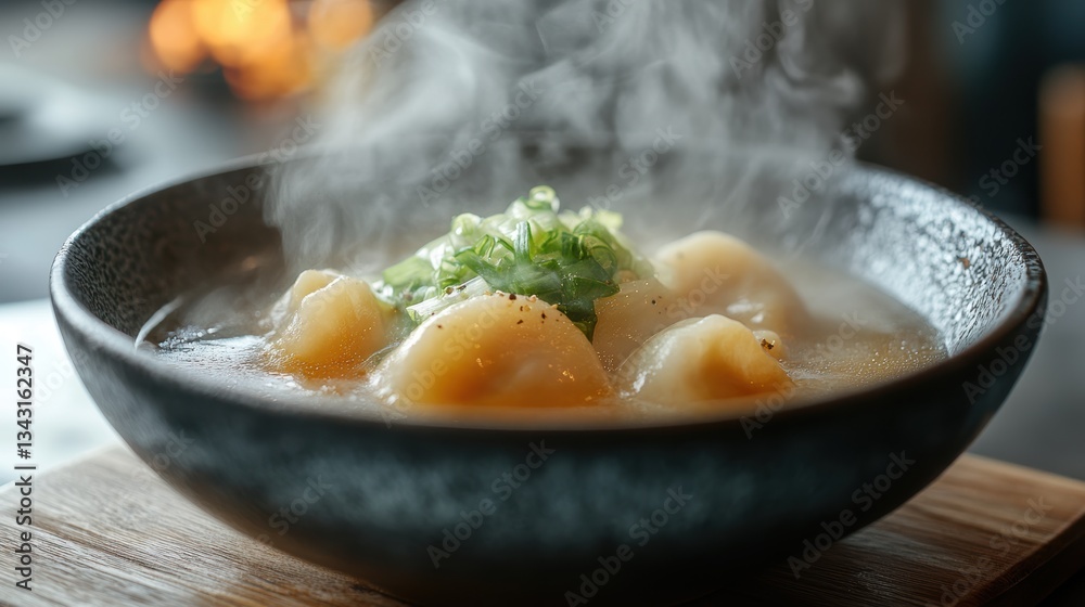 A steaming bowl of wonton soup, its broth fragrant with ginger and scallions, held within its embrace plump wonton dumplings and tender bok choy, a testament to the simplicity yet exquisite flavors A steaming bowl of wonton soup, its broth fragrant with ginger and scallions, held within its embrace plump wonton dumplings and tender bok choy, a testament to the simplicity yet exquisite flavors
