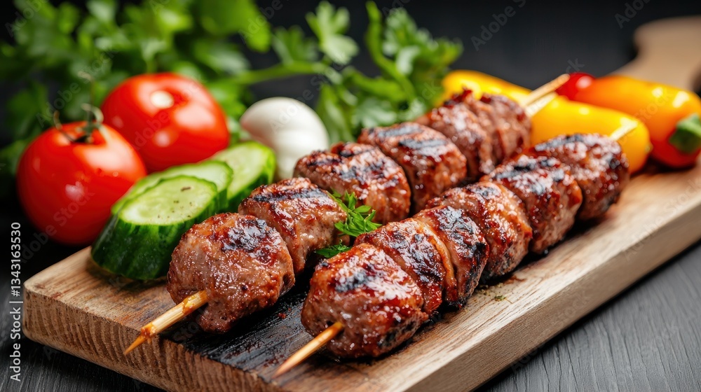 Grilled kebab skewers on wooden cutting board with fresh ingredients in dark tones studio shot Grilled kebab skewers on wooden cutting board with fresh ingredients in dark tones studio shot