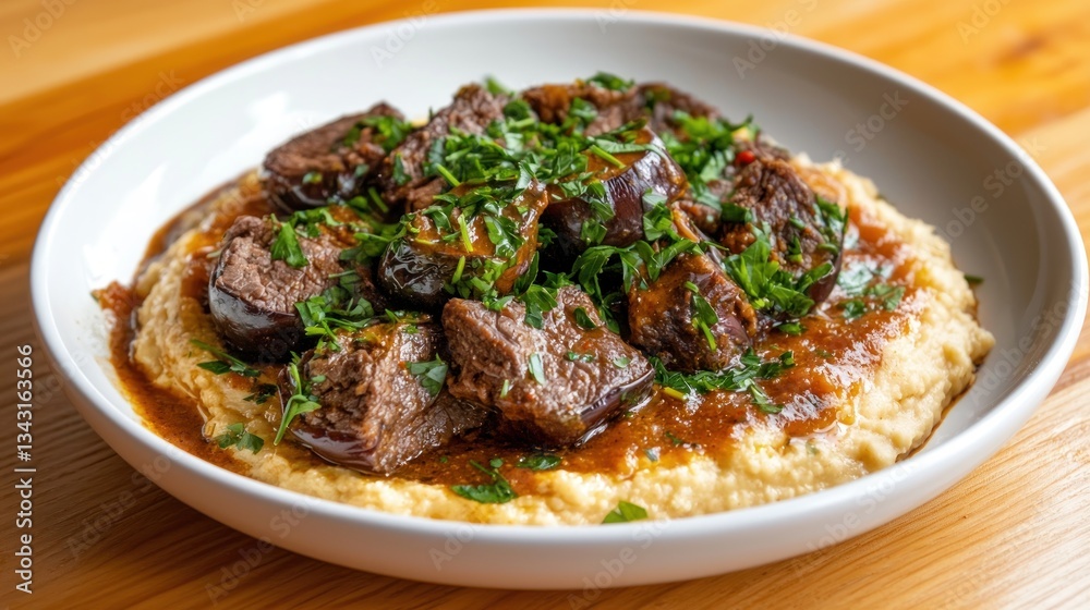 Delicious braised beef and eggplant dish served on creamy polenta with fresh parsley garnish gourmet style Delicious braised beef and eggplant dish served on creamy polenta with fresh parsley garnish gourmet style