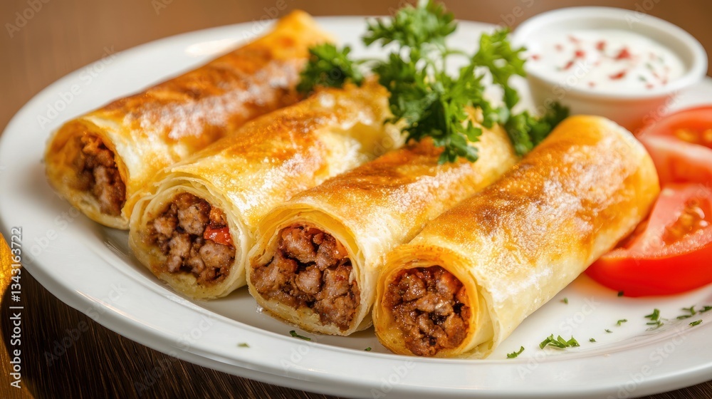 Delicious crispy rolls with meat filling and creamy sauce on a white plate appetizing food photography Delicious crispy rolls with meat filling and creamy sauce on a white plate appetizing food photography