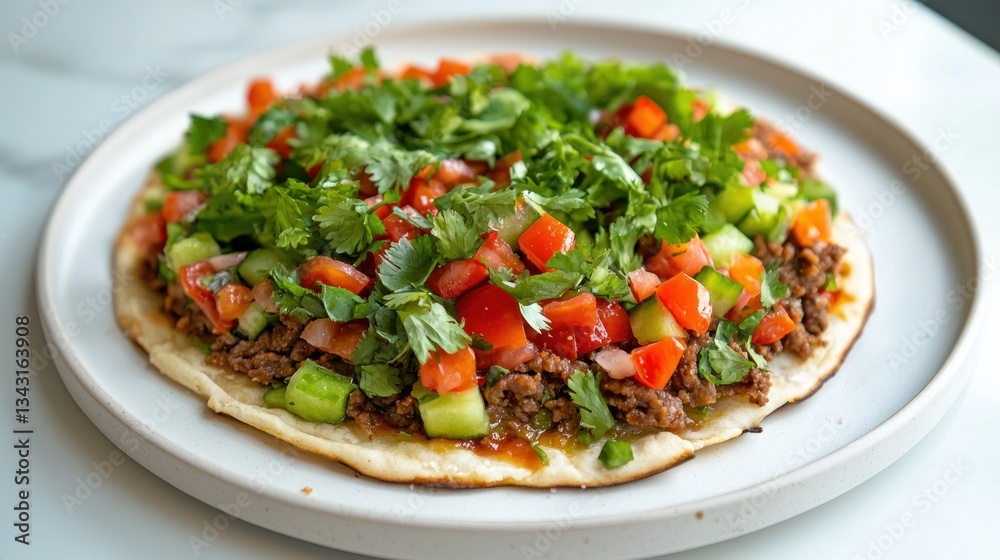 Delicious savory flatbread topped with seasoned ground beef fresh tomatoes cucumbers and cilantro for a light and refreshing meal Delicious savory flatbread topped with seasoned ground beef fresh tomatoes cucumbers and cilantro for a light and refreshing meal