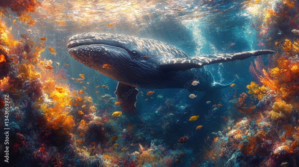 Fototapeta premium Whale swimming coral reef vibrant ocean sunlit background underwater nature