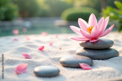 Pink lotus flower atop smooth stacked stones in a serene zen garden with soft sand and scattered petals, representing peace, balance, and spiritual harmony