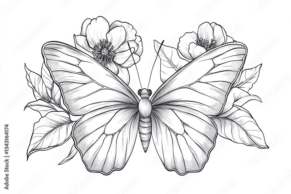 Fototapeta premium Monochrome illustration of a butterfly surrounded by delicate flowers and leaves.