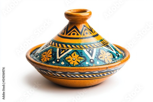 Elegant handmade tagine pottery pot showcasing vibrant colors in a studio setting against a pristine background