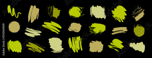 Green brush stroke set. Grungy organic textures. Vector vintage hand-painted lines, circles, squares, abstract scratches and scribbles for retro style eco bio health food package and identity