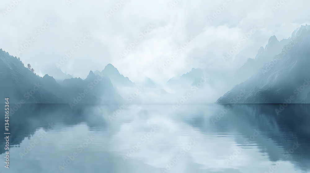 Fototapeta premium Serene Mountain and Lake Reflections in Soft Pastel and Blue Hues 