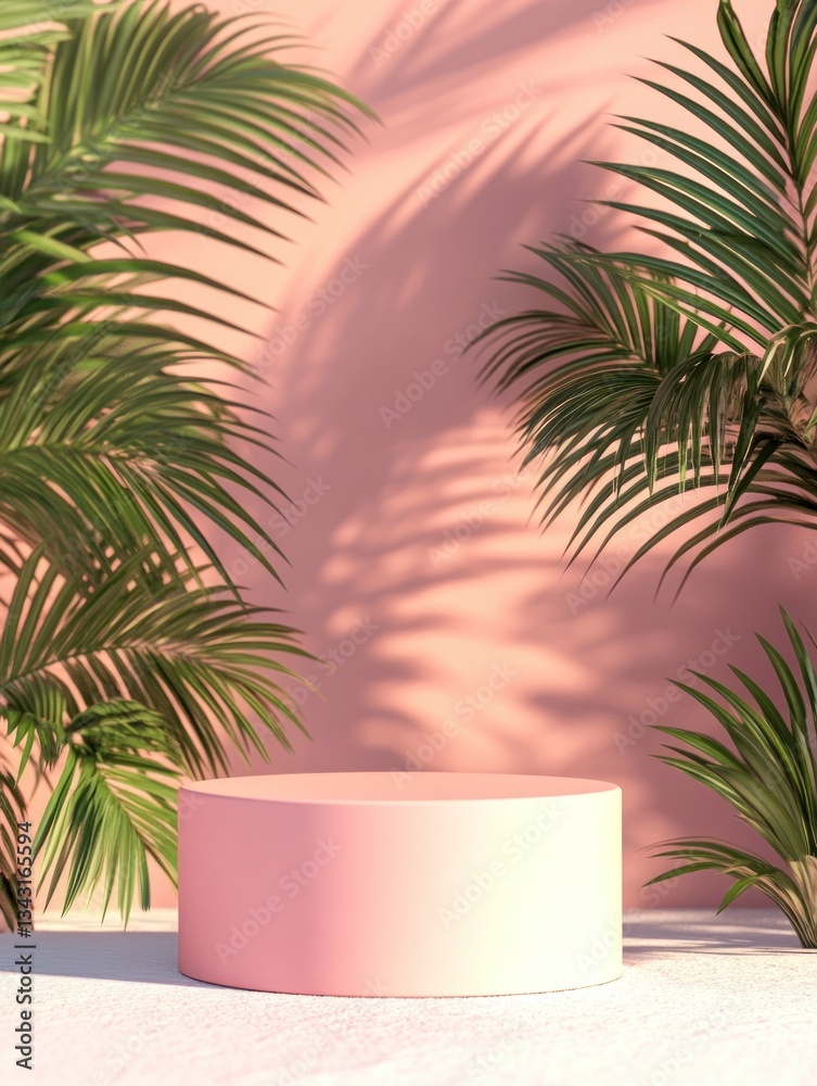 Obraz premium Pink Product Display Podium with Tropical Palm Leaves and Soft Shadows