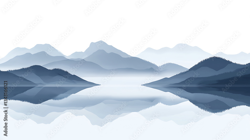 Fototapeta premium Serene Mountain and Lake Reflections in Soft Pastel and Blue Hues 