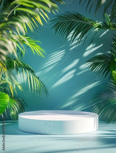 Product Display with Tropical Palm Leaves Casting Shadows on Teal Background