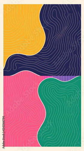 A vibrant abstract design featuring flowing contour lines in yellow, navy blue, pink, and green sections. The composition creates a dynamic and modern visual on a light beige background