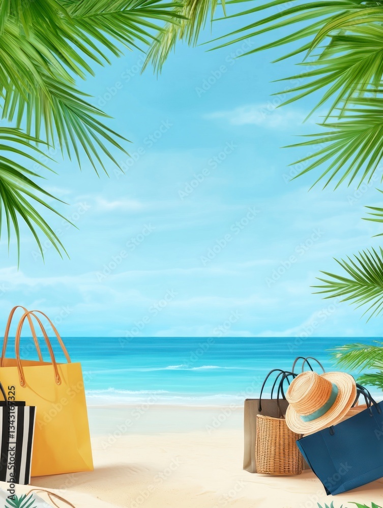 Obraz premium Relaxing Beach Scene with Shopping Bags and Summer Hats Beneath Palms
