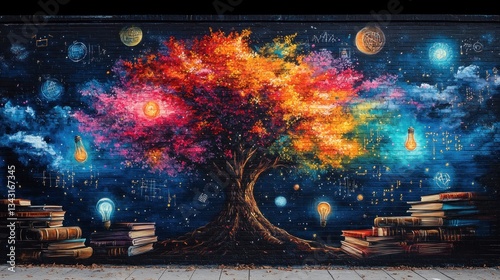 Colorful cosmic tree mural, city wall, knowledge, education