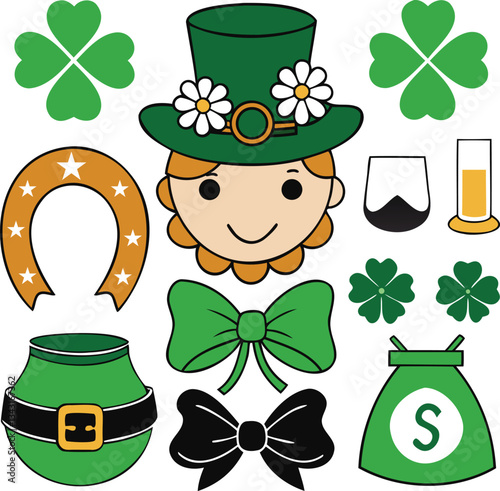 St Patricks Day leprechaun with green hat holding a pot of gold surrounded by shamrocks