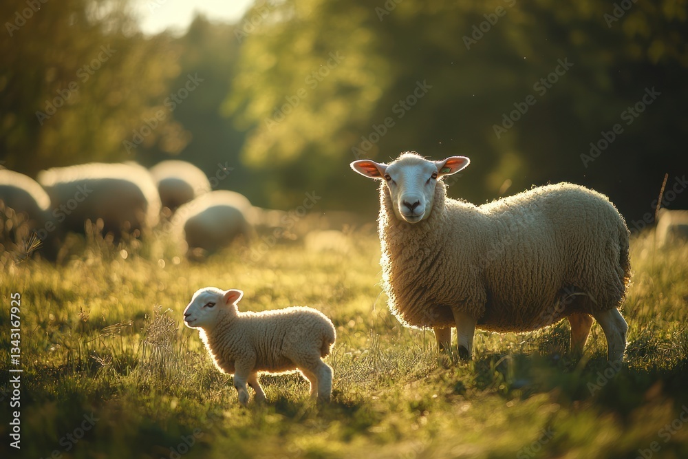 Obraz premium Ewe and lamb in pasture at sunset, idyllic rural scene, farm animals