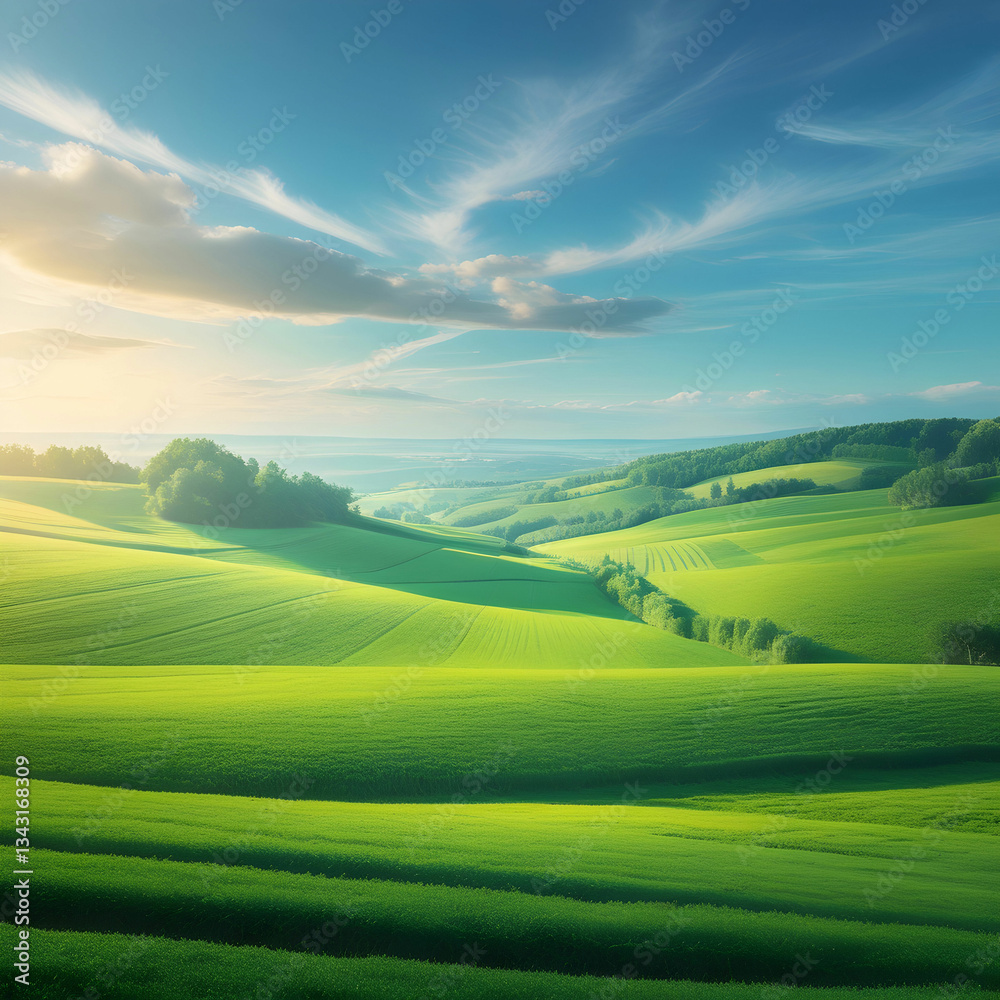 Lush green fields of Moravia, rolling landscapes with vibrant meadows, creating a picturesque countryside view Lush green fields of Moravia, rolling landscapes with vibrant meadows, creating a picturesque countryside view