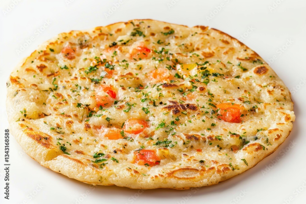 Delicious flatbread with tomato and herb topping, a culinary delight perfect for adding to your menu Delicious flatbread with tomato and herb topping, a culinary delight perfect for adding to your menu