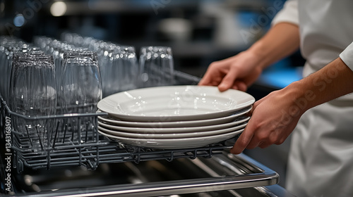 Cropped image of a professional chef putting a plate in the dishwasher