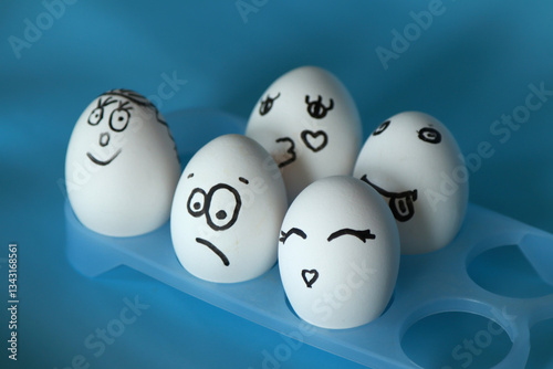 White eggs with funny smileys on a blue background. Space for an inscription.