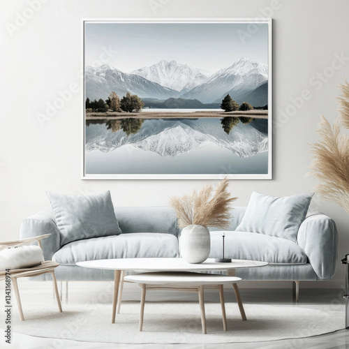 Coastal Serenity: Tropical Beach Scene with Turquoise Waters and Mountain View in Modern Living Room Decor