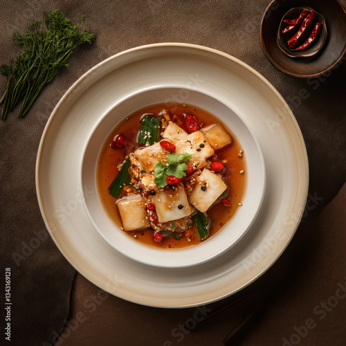 Spicy Asian Tofu Dish with Chili and Herbs in Ceramic Bowl