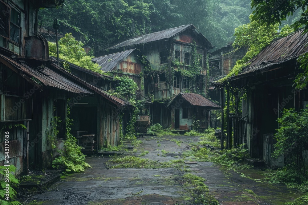 A haunting scene of an abandoned village, with weathered houses and overgrown vegetation, nestled deep within a dense forest A haunting scene of an abandoned village, with weathered houses and overgrown vegetation, nestled deep within a dense forest