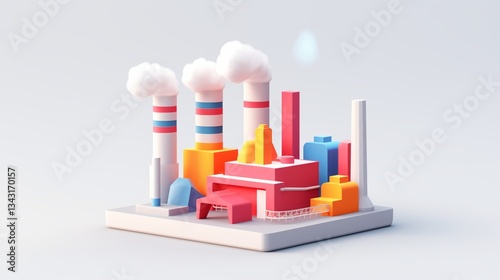 Stylized 3D isometric factory icon with smoke stacks, vibrant colors, and a minimalist white background