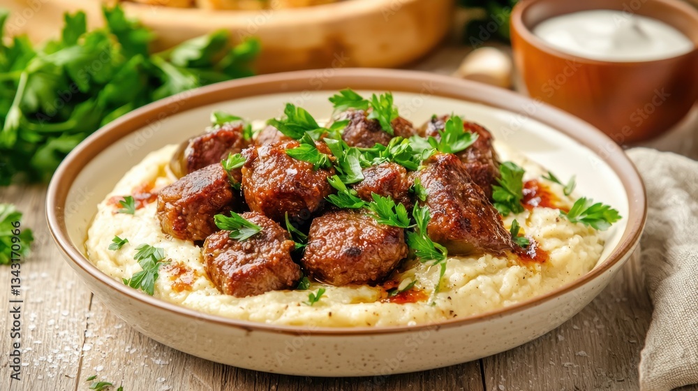 Delicious plate of seasoned meatballs over soft mashed potatoes garnished with fresh parsley leaves Delicious plate of seasoned meatballs over soft mashed potatoes garnished with fresh parsley leaves