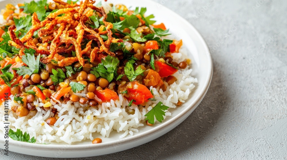 Delicious mujadara with lentils rice onion parsley and tomato on plate Healthy middle eastern food Delicious mujadara with lentils rice onion parsley and tomato on plate Healthy middle eastern food