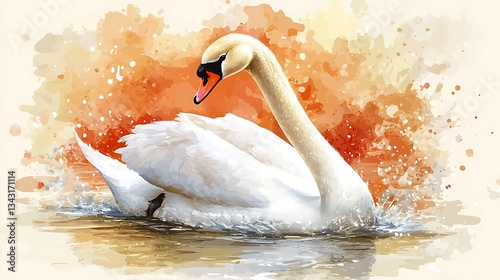 Fototapeta Naklejka Na Ścianę i Meble -  Watercolor swan swimming on water, orange background. Nature, art concept. For print or decoration