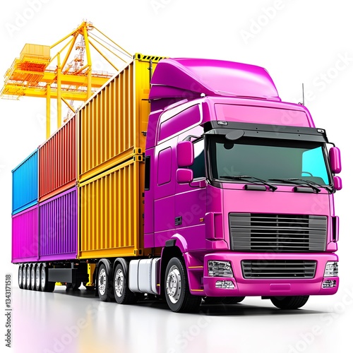 A vibrant pink semi-truck transports colorful shipping containers from a bustling port showcasing efficient integrated warehouse logistics and transportation solutions for global