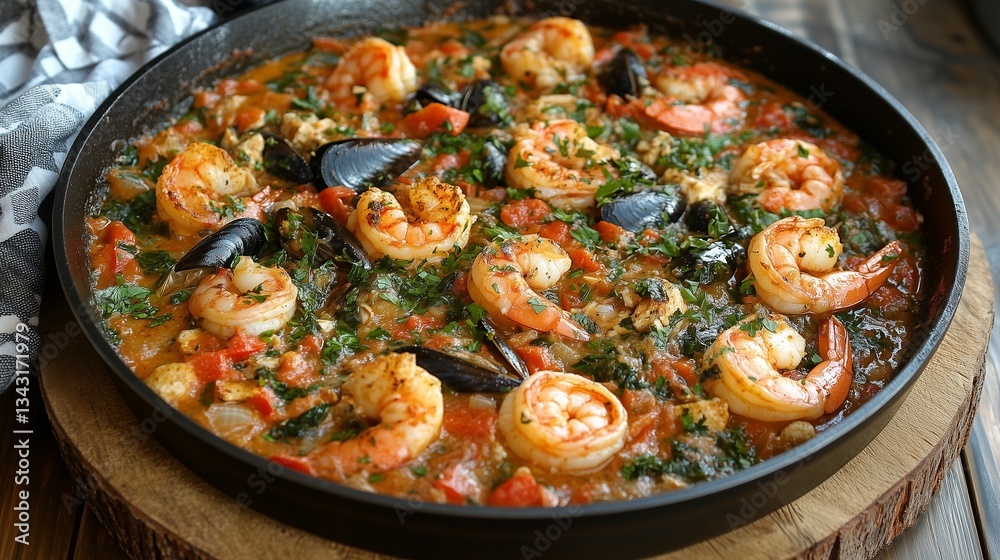 Seafood paella being prepared in a large skillet Seafood paella being prepared in a large skillet