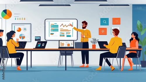 Team meeting with a presenter showing data analysis on a whiteboard.