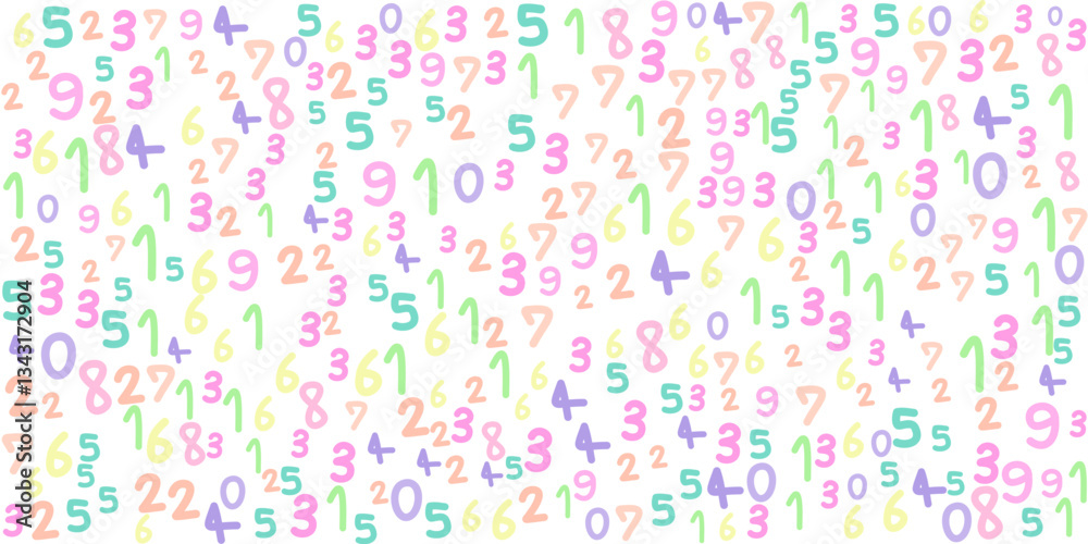 Colorful hand-drawn numbers pattern background with pastel shades on transparent Colorful hand-drawn numbers pattern background with pastel shades on transparent