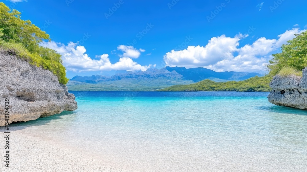 Pristine beach cove, turquoise water, and lush greenery. Tranquil tropical paradise Pristine beach cove, turquoise water, and lush greenery. Tranquil tropical paradise